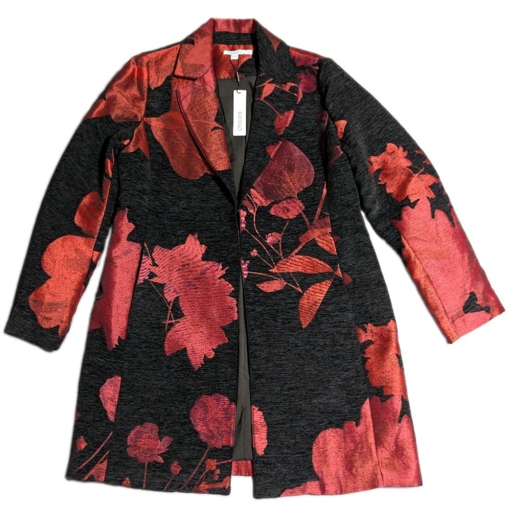 Chico's Floral Jacquard Topper Womens 0 S Black Red Long Blazer Jacket NWT